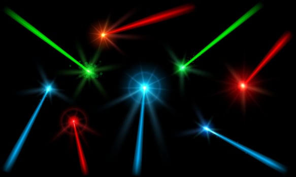 Laser beams. Ray of neon lights, concert light trails with lens flares and halo glow effect. Energy line beam overlays set vector
