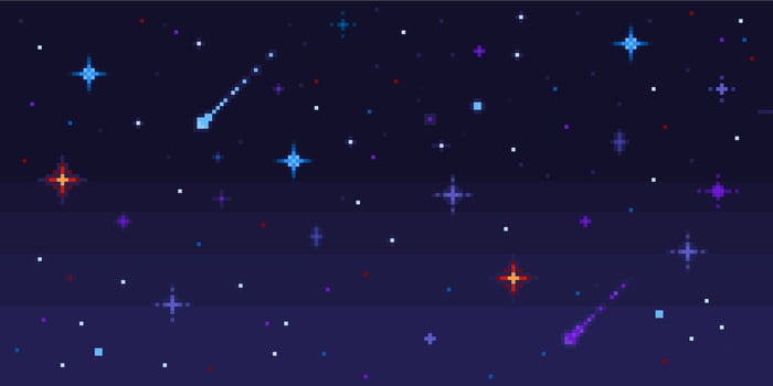 Pixel art night sky. Starry space with shooting stars, 8 bit pixelated game galaxy seamless background vector