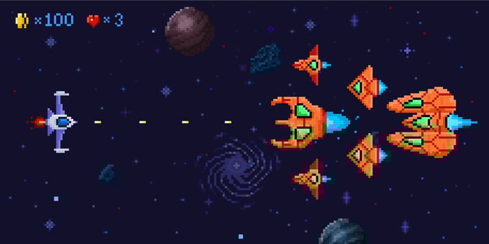 Space battle arcade game level. Pixel art galactic battle, defender spaceship and pixelated ufo enemies Illustration vector