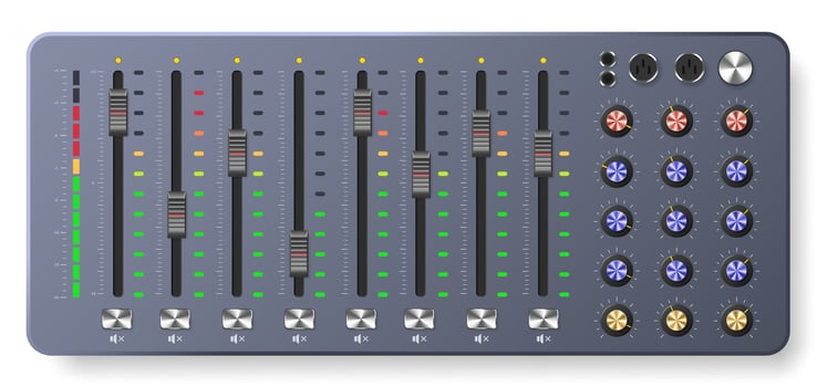 Audio mixer board. Multitrack mixing controller, sound level sliders panel with controllers and knobs illustration vector