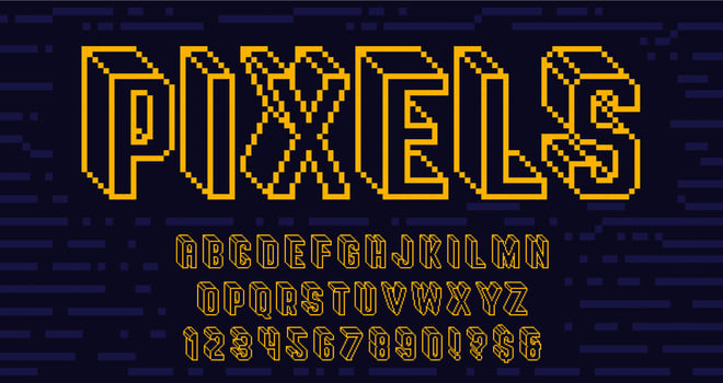 Futuristic wireframe pixel art font. Digital 8 bit alphabet, retro pixelated 3D letters and arcade game numbers set vector