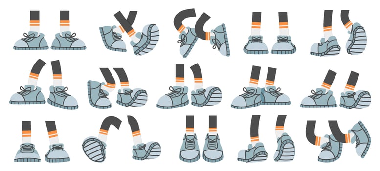 Cartoon foots with sneakers. Comic legs with shoes in walk, stand and jump poses. Stick feet with footwear, limbs for character design set vector