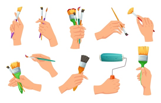 Paint brushes in hands. Creative drawing, artwork studio workshop and artist hand holding painting tool cartoon set vector