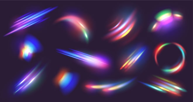 Diamond prism light flares. Crystal caustic light, lens effects and diamond refraction colors overlay set vector