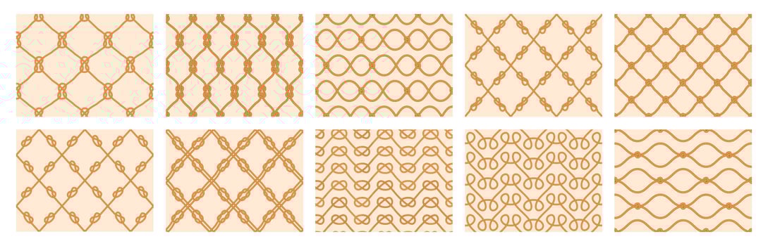 Nautical rope patterns. Seamless marine cord ornaments, sailor rope knots and net grid background set vector
