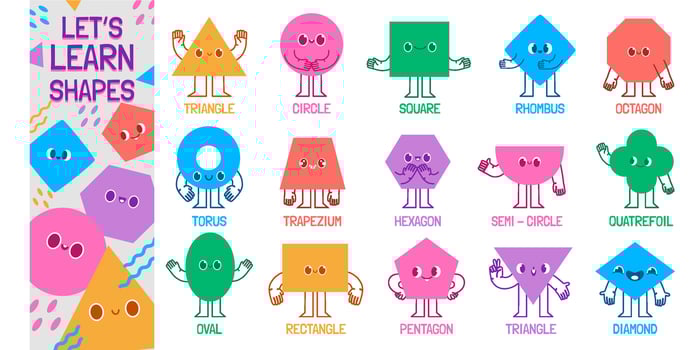 Geometric shape characters. Lets learn basic shapes, educational figure mascots for childrens Illustration set vector