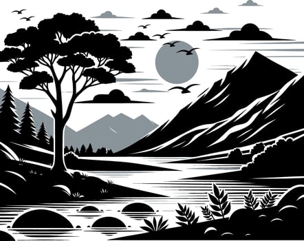 Beautiful relaxing landscape with mountain river and tree Silhouette illustration vector