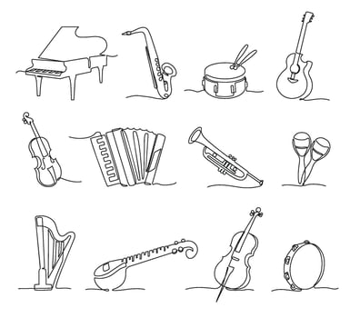 One continuous line musical Instruments. Orchestra saxophone, grand piano, acoustic guitar and sitar. Jazz music isolated set vector