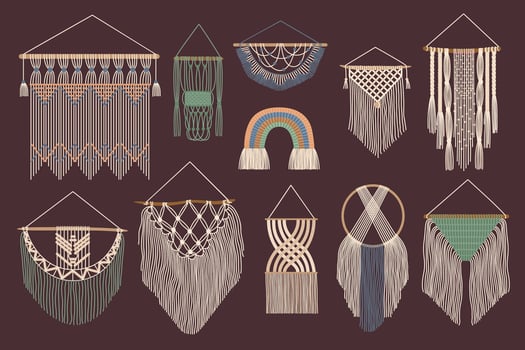 Bohemian wall hangings. Handcrafted macrame cozy home decor, knitted cotton yarn braid cord and ornamental hygge accessories hand drawn set vector