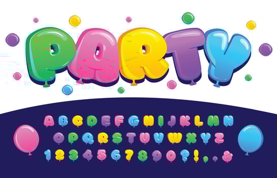 Balloon font. Inflatable letters, color bubble numbers and balloons display typeface for celebration typography lettering design set vector