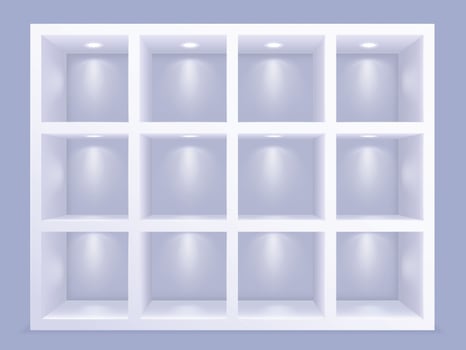 Square wall shelves with lighting. Grid cell showcase shelving with decorative lamps, empty library shelf or furniture background vector