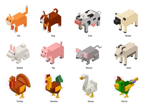 Isometric domestic animals. Low poly pets and farm birds. Squared cat, polygonal dog and voxel rabbit 3D cartoon set vector