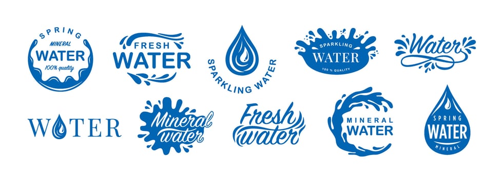 Water label. Sparkling mineral drink, fresh water emblem with splash drops and spring sticker set vector