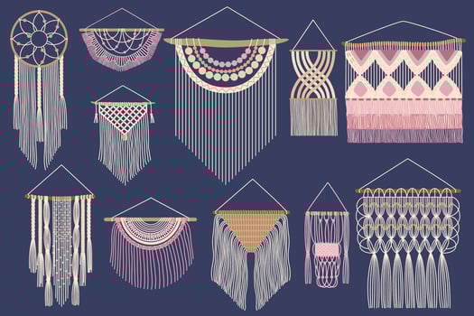 Hand drawn macrame. Nordic woven wall decor, cotton braid hanging and handcraft boho ornament of knitted tapestry yarn cord set vector