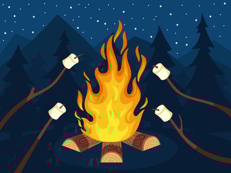 Bonfire with marshmallow. Scout camping food, marshmallows on stick on fire and friends travel campfire night cartoon illustration vector