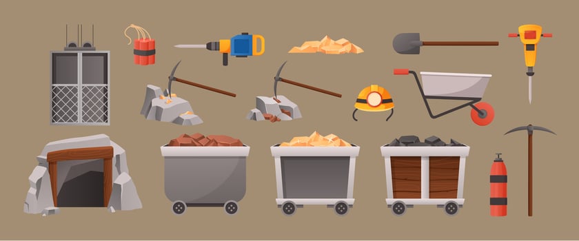 Cartoon mining elements. Mine cave entrance, mining elevator and tools. Wagons with gold and coal illustration set vector