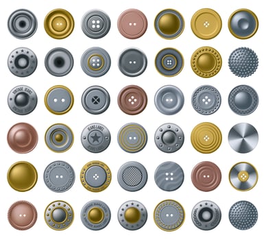 Realistic buttons for clothes. Vintage metal fastener, denim accessory button and top view antique bronze garment fasteners set vector