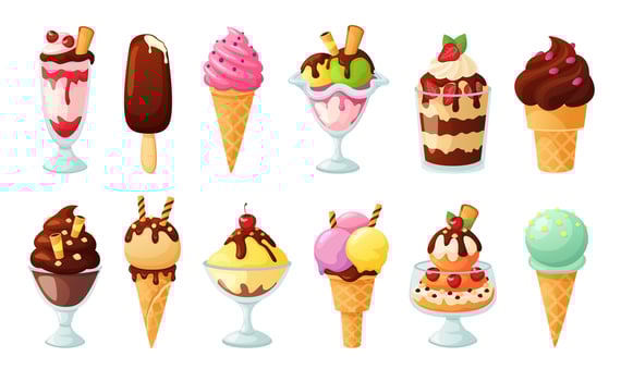 Ice cream desserts. Sundae topped with syrup, sweet sprinkles, berries and fruits. Tasty cold dessert in glass cartoon set vector