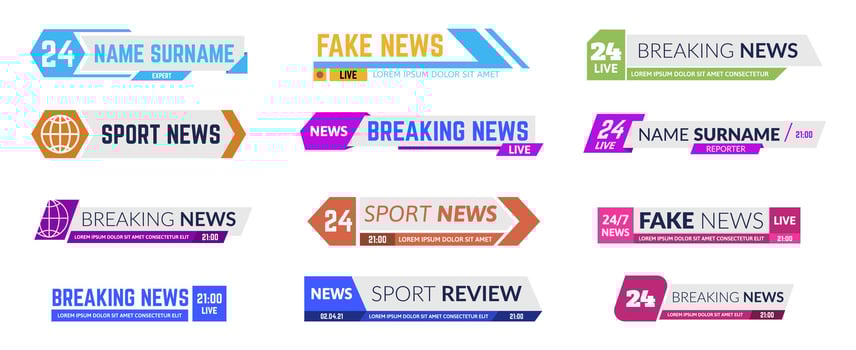 Headline information media screen frames. Breaking news tv bars for broadcasting. Sport program or live show banners vector