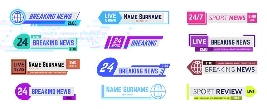 Tv news bars, breaking news and sport review templates of different colors for various channels. Expert names and surnames vector