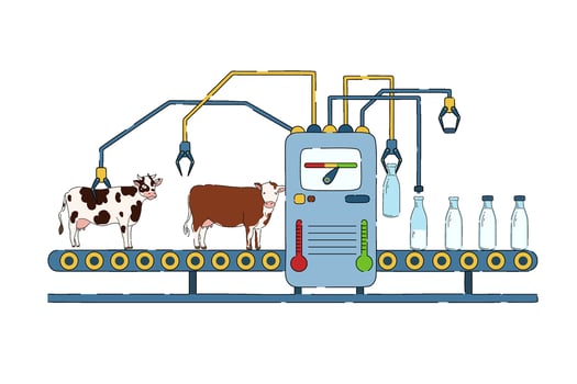 Milk production conveyor. Dairy products industrial manufacturing, natural processed milk from cow to bottle cartoon concept illustration vector