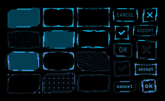 Futuristic frames. Cyberpunk electronic background and futuristic UI buttons. Sci Fi technology interface set vector
