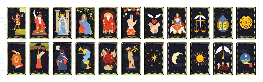 Major arcana tarot cards. Occult deck for divination with chariot, fool, magician and wheel of fortune set vector