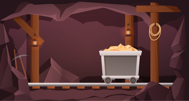Gold mine tunnel. Trolley with gold nuggets in old mining cave interior cartoon background illustration vector