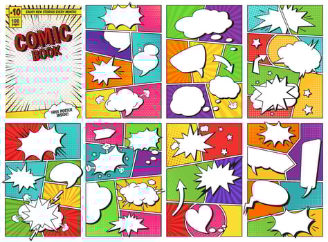 Comic book templates. Comics magazine cover and pages grid layouts with speech balloon frames set vector