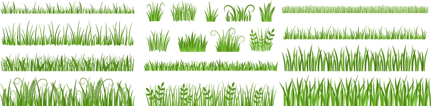 Cartoon grass leaves. Tuft of green meadow grass, lawn herb silhouette dividers and natural spring garden vegetation set vector