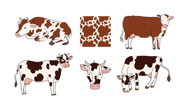 Cartoon cows. Animal from milk farm, lying and standing cattle with texture of cow spots pattern illustration set vector