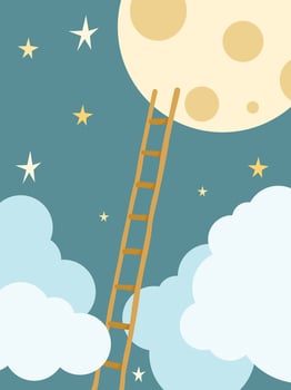Ladder to moon. Starry night sky with stairs step by step, achieving impossible concept cartoon illustration vector