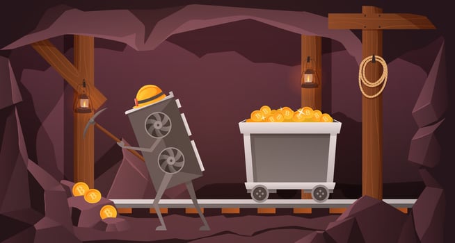 GPU Crypto mining. Graphic card miner worker character mining bitcoins, digital currency in mine cartoon Illustration vector