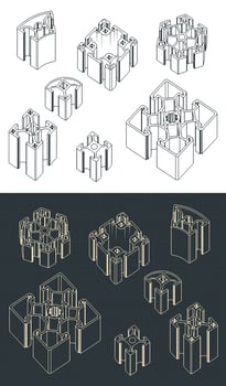 Aluminum profiles isometric blueprints vector