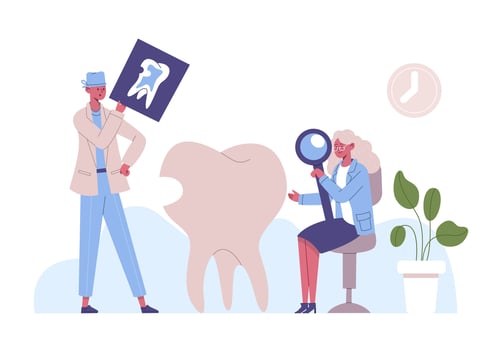 Dental clinic treatment. Woman examining tooth with cavity holding magnifying glass. Dentist looking at x-ray picture vector