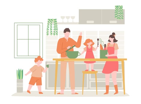 Family cooking together. Children helping parents to prepare dinner in kitchen. Kids with father and mother making homemade food vector
