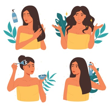 Woman beauty care hair set. Cartoon young girl applying treatment. Female character dying and curling hair, wavy hairstyle vector