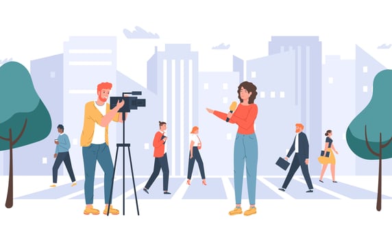 Media TV journalists. Operator shooting reporter with microphone telling breaking news. Correspondent standing outside vector