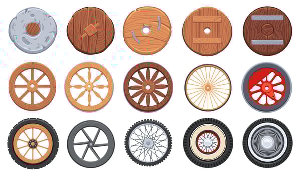 Ancient wheel. Wooden wheelbarrow, rusty wagon and old stone wheels. Retro car tires cartoon game design assets set vector