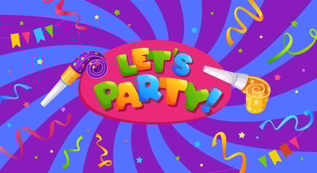 Lets party banner. Colorful type lettering with party horns and confetti, surprise celebration cartoon illustration vector