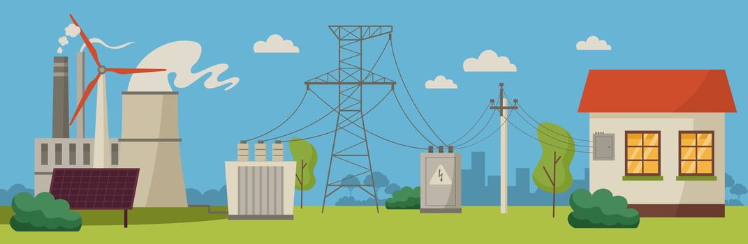 Electric power distribution chart. Electricity supply scheme from power plant to house, power supply line poles, cables and transformers cartoon illustration vector