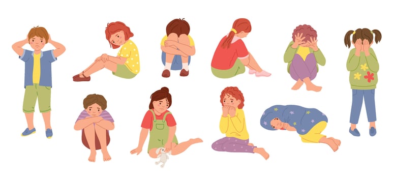 Kids suffering from anxiety. Sensitive, scared and sad children, mental health cartoon illustration set vector