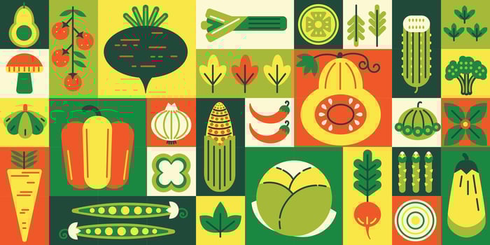 Geometric vegetable mosaic. Healthy food market, grocery products and local farm goods grid tiles background. Garden-fresh veggie shop illustration vector