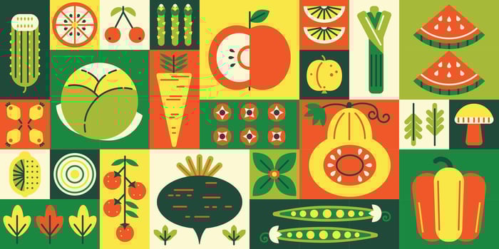 Geometric fruits and vegetables mosaic. Grocery goods, agriculture products grid and healthy food promotion background illustration vector