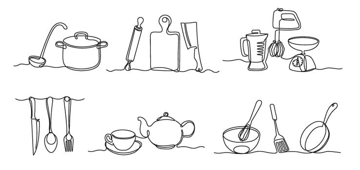 One line food restaurant emblems. Cutlery, teapot with cup, cooking utensil and kitchen tools continuous linear illustration set vector