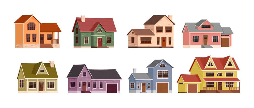 Cartoon American suburban houses. Home exterior, suburbs neighborhood buildings and real estate illustration set vector
