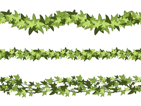 Seamless green ivy horizontal dividers. Botanical border, climbing vine and branch line cartoon set vector