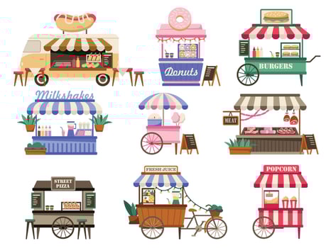 Street vendor booths. Outdoor local market stalls and fast food kiosks. Festival food court cartoon illustration set vector