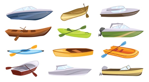 Cartoon boat types. Marine boats with paddles, color canoes and powerboat for fishing illustration set vector
