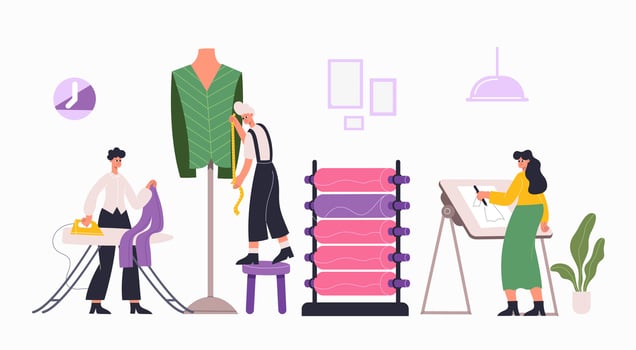 Fashion atelier workers, sewing, dressmaking workshop interior vector
